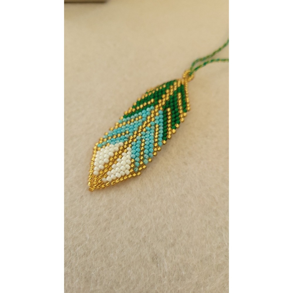 Artisan Miyuki Delica Feather Pendant Necklace Brick Stitch Gold Bead Chevron